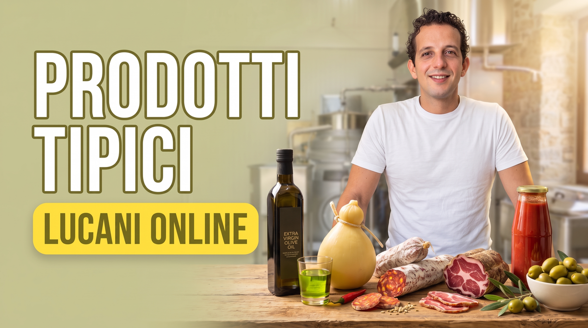 Antonio Carbone al banco con olio extravergine, caciocavallo, salumi lucani e passata: prodotti tipici della Basilicata da ordinare online