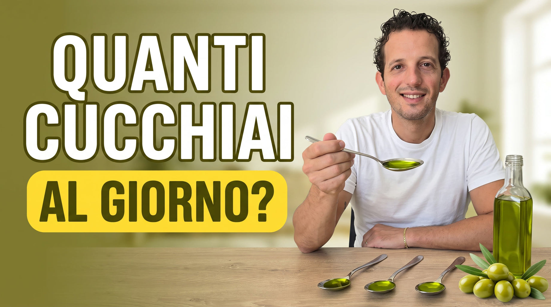 Antonio Carbone regge un cucchiaio di olio extravergine di oliva verde con altri cucchiai e una bottiglia sul tavolo: quanti cucchiai di olio extravergine al giorno